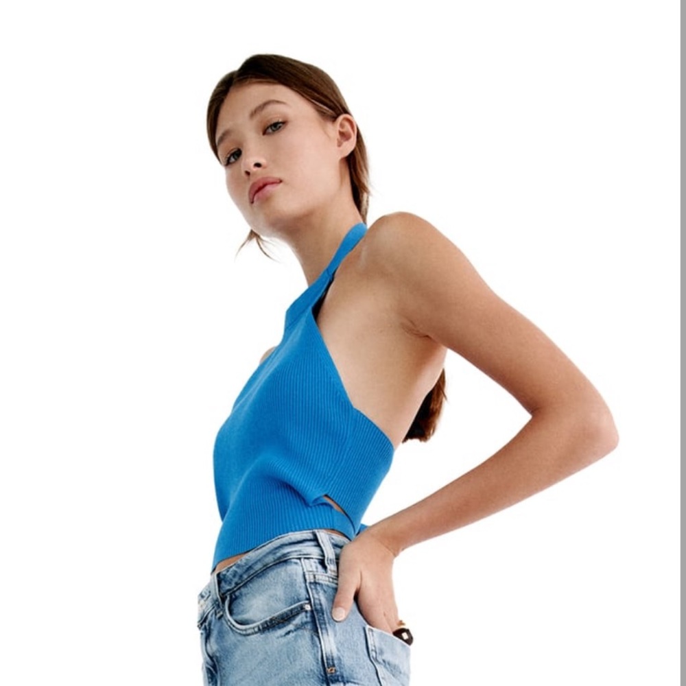 Zara blue ribbed halter knit top